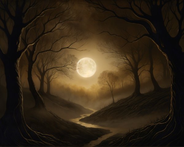 Haunting Night Scene in a Dense Forest with Moonlight