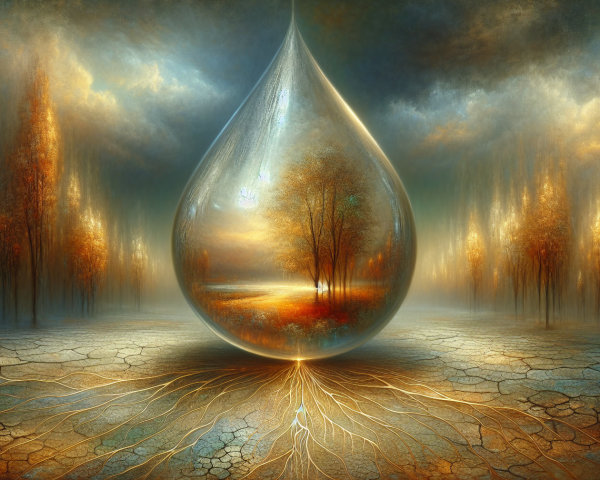 Surreal Landscape with Translucent Water Droplet
