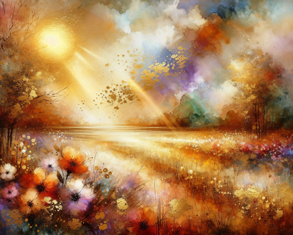 Vibrant Landscape Painting with Golden Hues and Pastels
