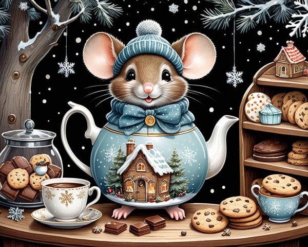 Cheerful Mouse on Winter Cottage Teapot with Cocoa