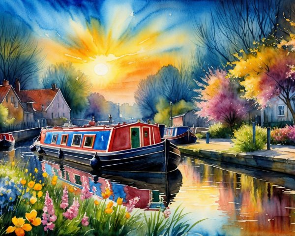 Vibrant Watercolor of a Peaceful Canal Scene
