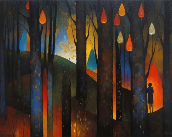 Vibrant Forest Scene with Colorful Teardrop Shapes