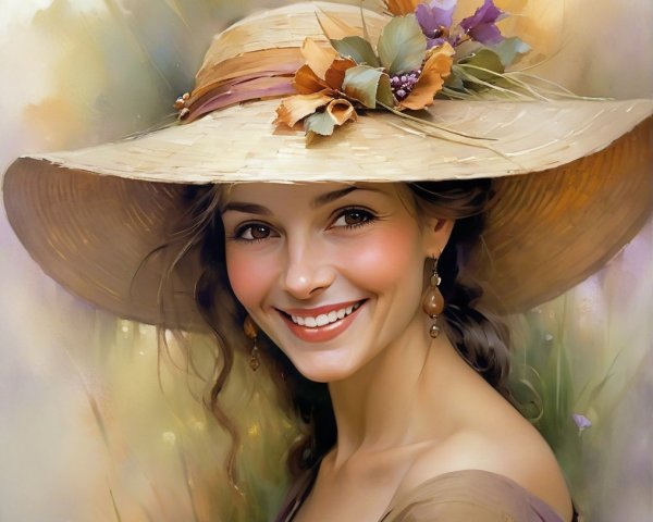Young woman in floral straw hat with garden backdrop