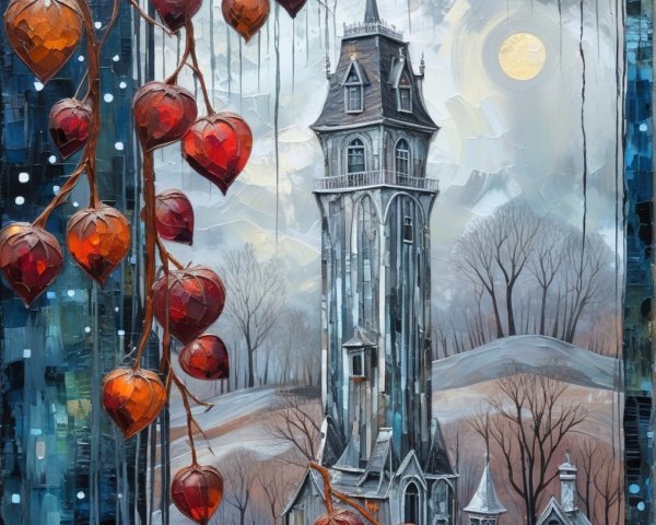 Gothic Tower in Haunting Winter Landscape Scene