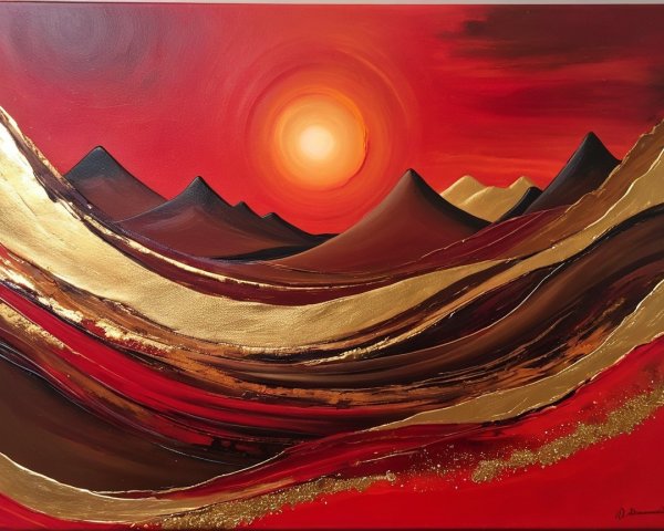 Vibrant Landscape with Reds, Golds, and Silhouetted Mountains