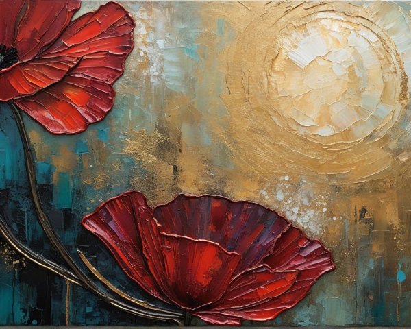 Vibrant Red Poppies on Gold and Teal Background