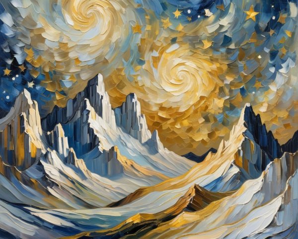 Vibrant Painting of Snowy Mountains and Starry Sky