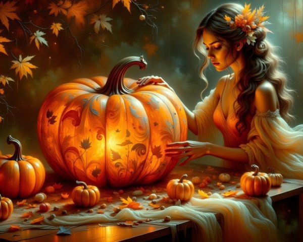 Autumn Scene of Woman Carving an Intricate Pumpkin