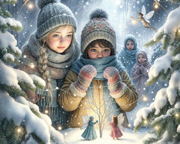 Whimsical Winter Forest with Children and Fairies