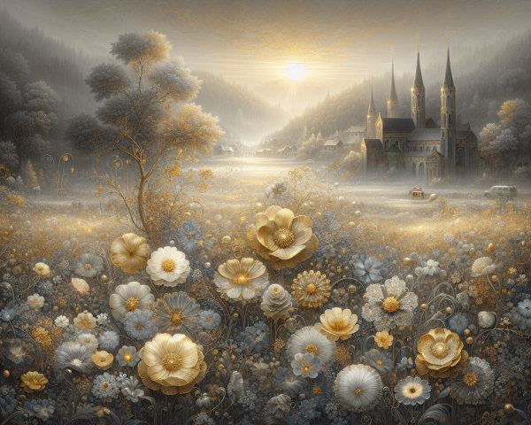 Serene landscape with flowers, lake, and church buildings