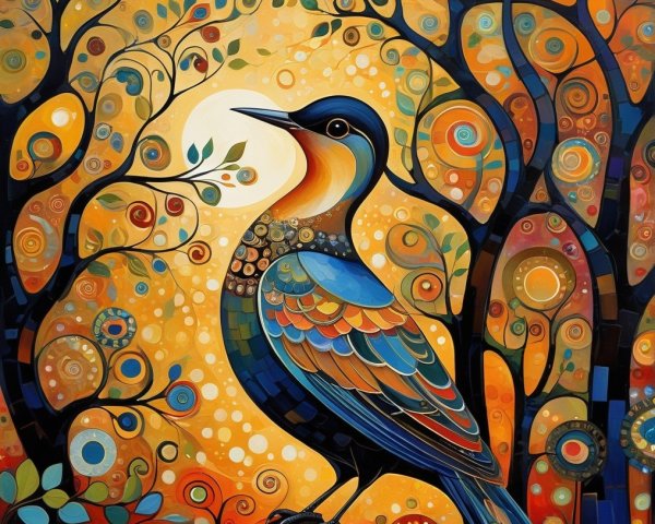 Vibrant Bird on Branch Amid Colorful Swirling Trees