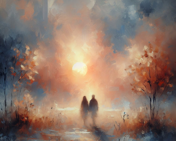 Serene Sunset Landscape with Couple and Silhouetted Trees