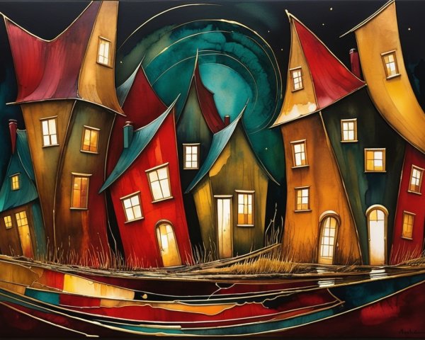 Whimsical Landscape with Colorful Distorted Houses