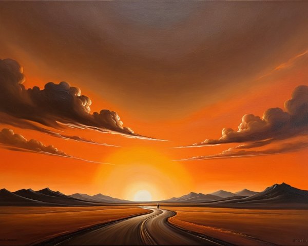Landscape Painting of Winding Road Under Orange Sky