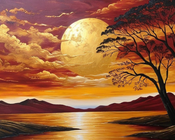 Dramatic Sunset Over Tranquil Lake with Moonlight