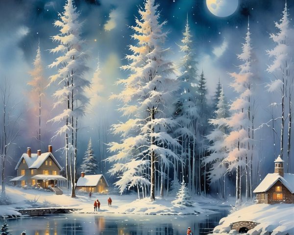 Winter Evening Watercolor with Snowy Pines and Moonlight