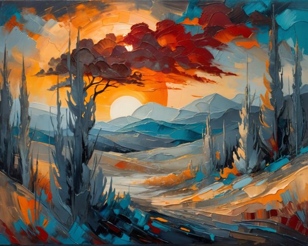 Vibrant Sunset Landscape with Silhouetted Mountains