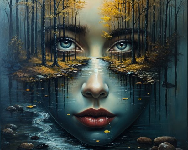 Surreal Artwork of Woman's Face and Tranquil Landscape