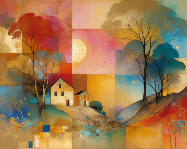 Abstract Landscape with Colorful Houses and Trees