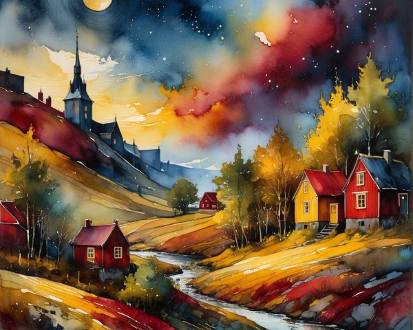 Serene Countryside Landscape at Twilight with Stars
