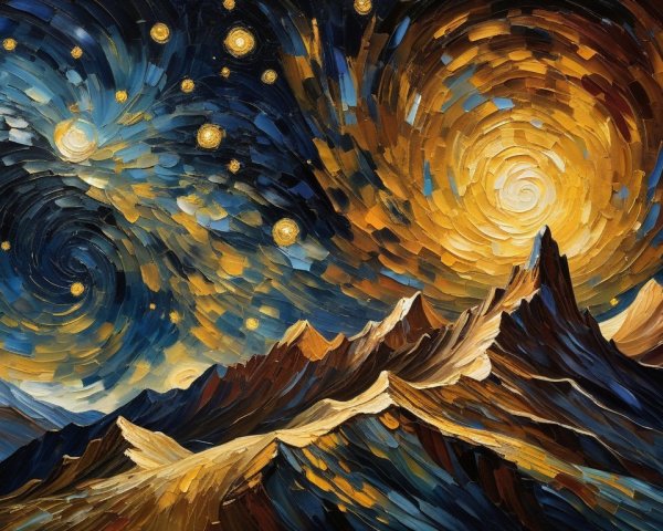 Dramatic Mountain Landscape with Cosmic Sky Elements
