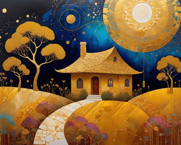 Fantastical Night Landscape with Golden House and Sun