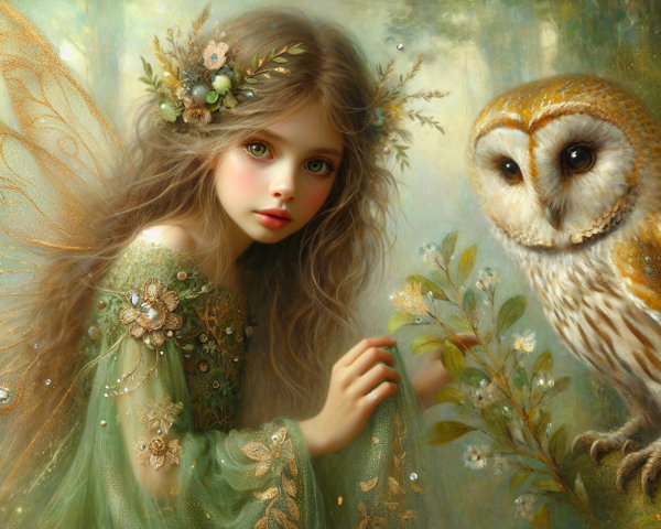 Whimsical Fairy and Barn Owl in Enchanted Forest