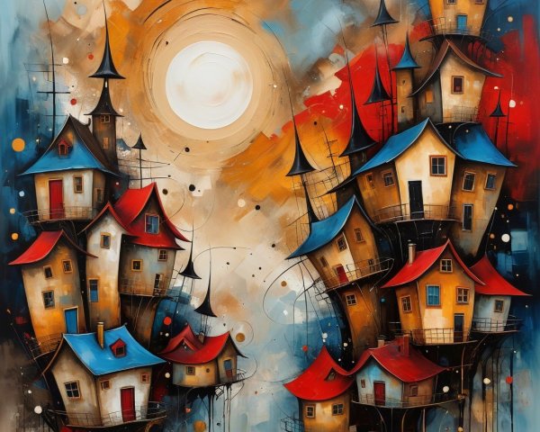 Whimsical Landscape with Colorful Houses and Sun