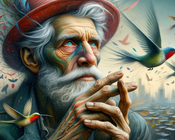 Elderly Man in Red Hat Surrounded by Hummingbirds