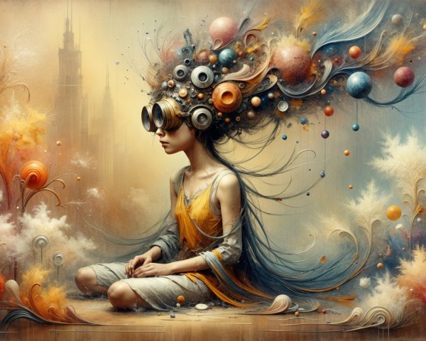Whimsical Figure with Vibrant Hairpiece in Surreal Setting