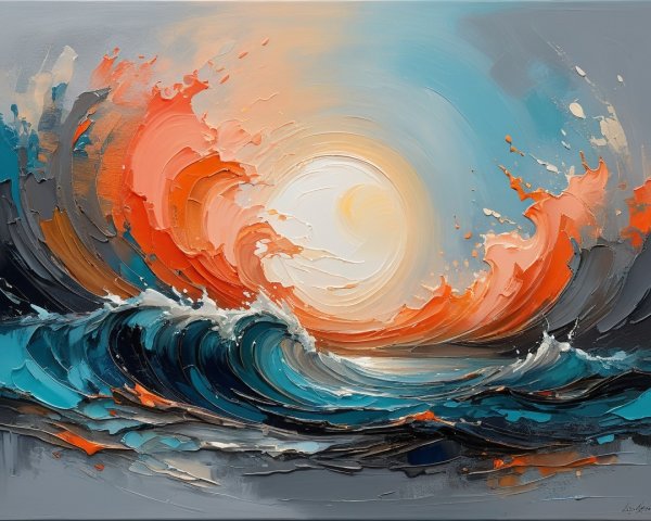 Vibrant Abstract Painting of Ocean Waves and Sun