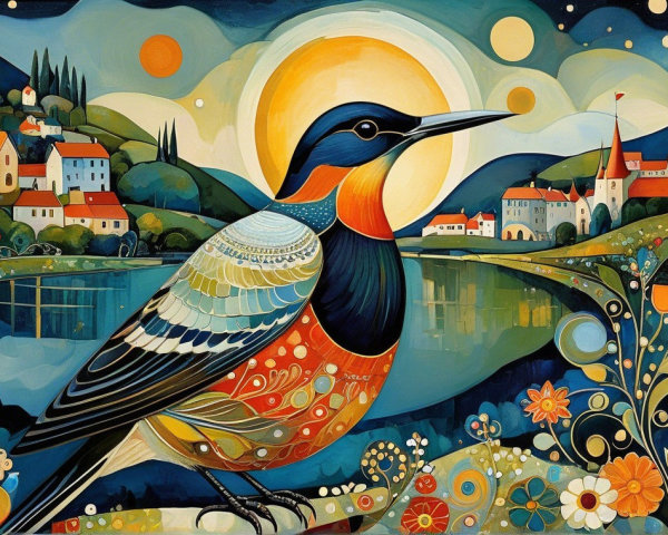 Colorful Bird Artwork with Serene Landscape Elements