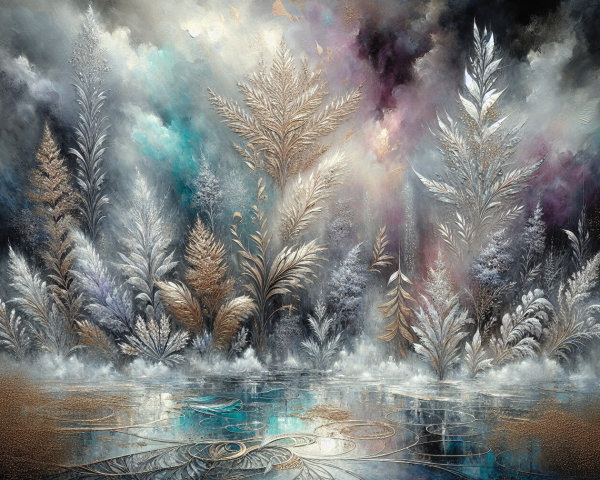 Fantastical Forest with Metallic Foliage and Reflective Water