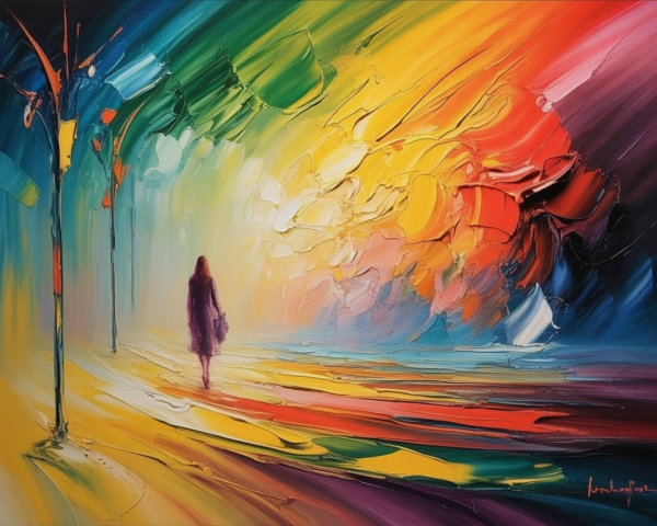 Abstract Pathway with Vibrant Colors and Solitary Figure