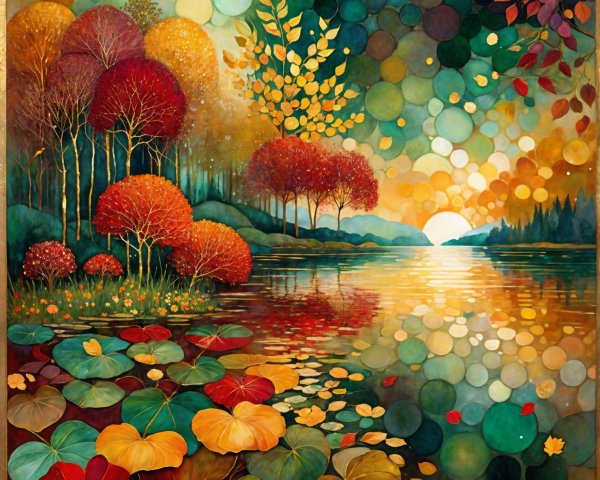 Vibrant Landscape with Autumn Trees and Sunset Lake