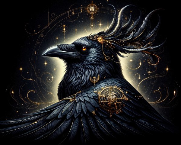 Majestic Raven with Glossy Black Plumage and Symbols