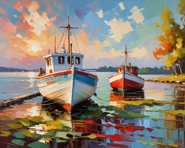 Boats Moored at Sunset by a Serene Lake