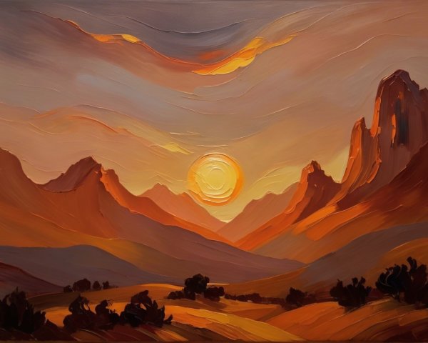 Vibrant Landscape with Dramatic Mountains and Sunset