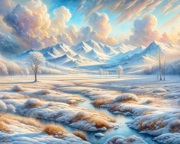 Serene Winter Landscape with Snow-Capped Mountains