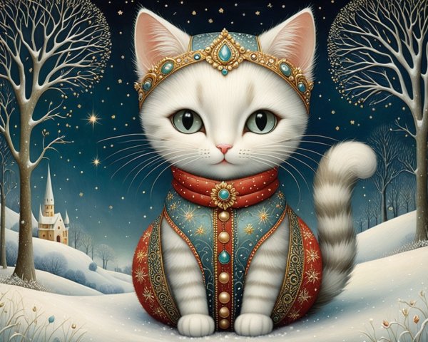 Whimsical Winter Scene with Cat in Colorful Outfit