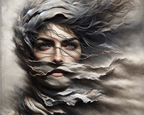 Close-up of a woman's face with textured fabrics