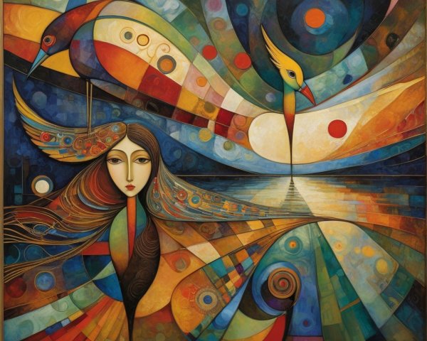Vibrant Abstract Composition with Stylized Woman