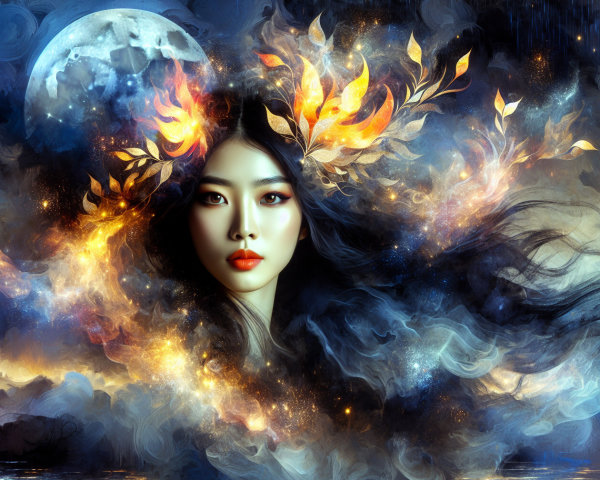 Young woman in a nebula with glowing elements and moon