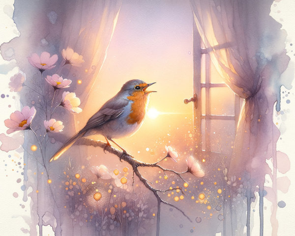 Whimsical Watercolor of Bird with Sunset Background