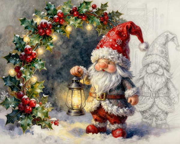 Gnome in Santa Hat with Lantern and Holly Branch