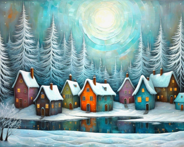 Whimsical Painting of a Snowy Frozen Village Scene
