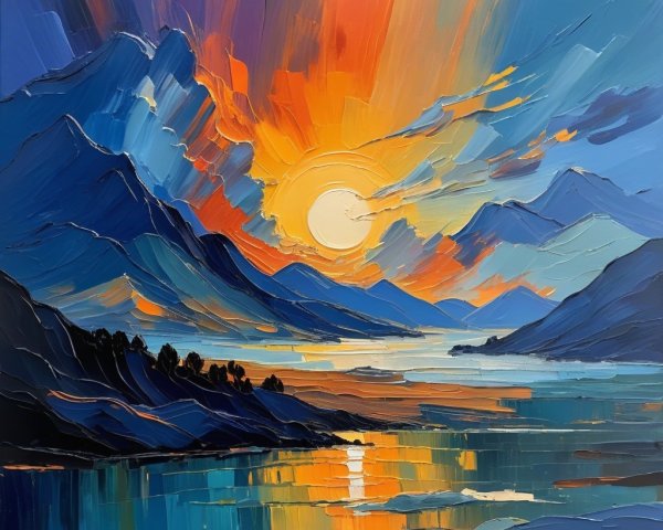 Vibrant Sunset Over Mountains and Serene Lake