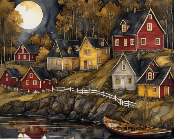 Serene Nighttime Scene with Colorful Houses and Moonlight