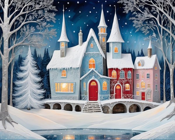 Digital Painting of a Winter Town with Colorful Houses