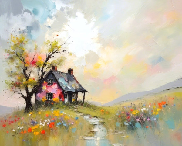 Idyllic Cottage in a Vibrant Meadow Landscape